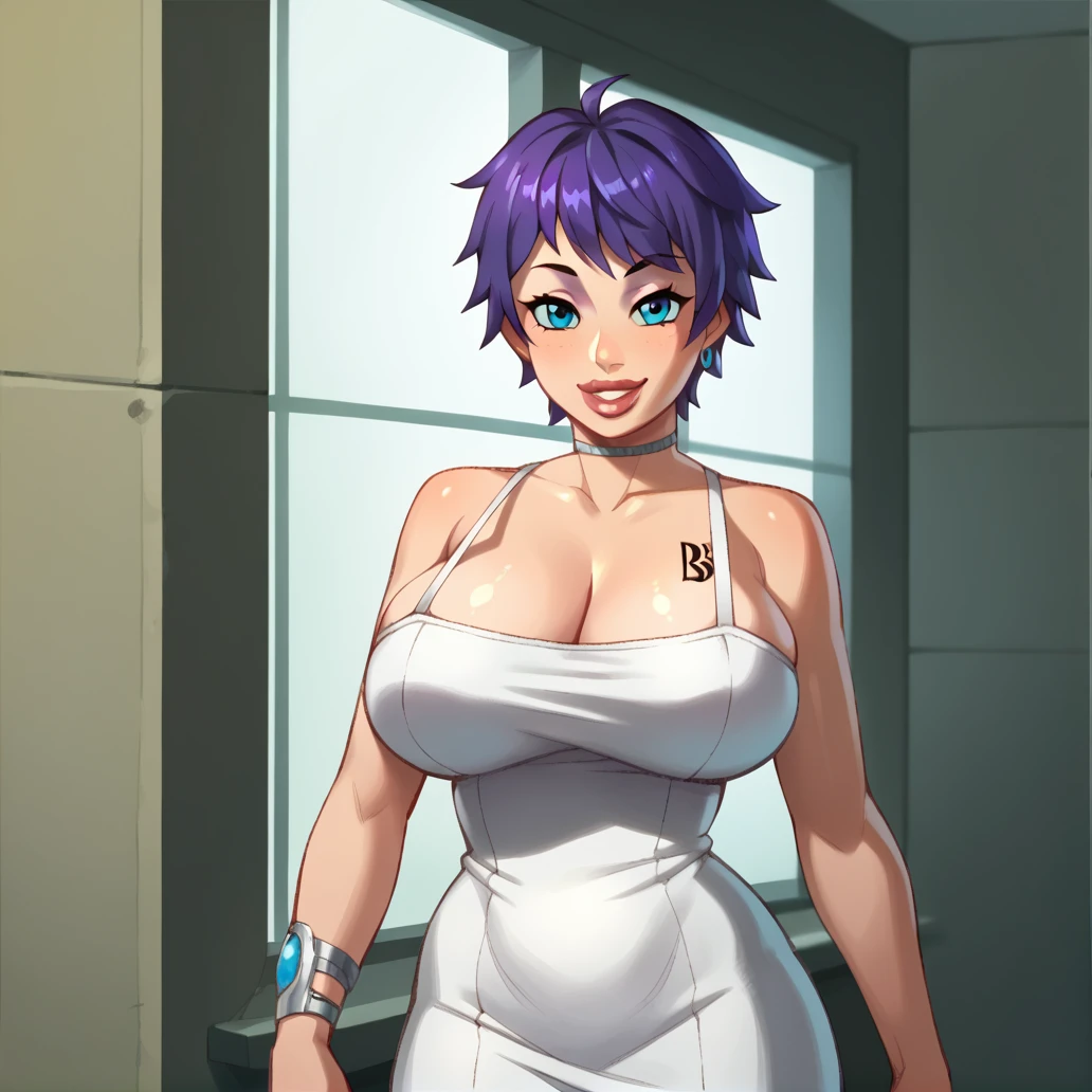 score_9, score_8_up, score_7_up, score_6_up, score_5_up, score_4_up, BREAK,  <lora:sixofone:0.8>, sixofone, 1girl, solo, huge breasts, white dress, indoors, smile, lips, parted lips, blue eyes, looking at viewer, standing, purple hair, short hair, <lora:RD-MAnon-XLV1.1:1>, tattoo,