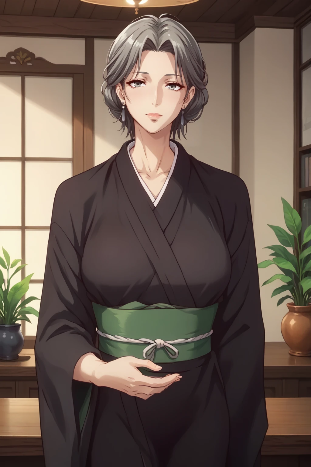 score_9, score_8_up BREAK <lora:NSShigureBasket:1> NSShigureBlack, 1girl, solo, grey hair, grey eyes, black kimono, indoors, mature_female