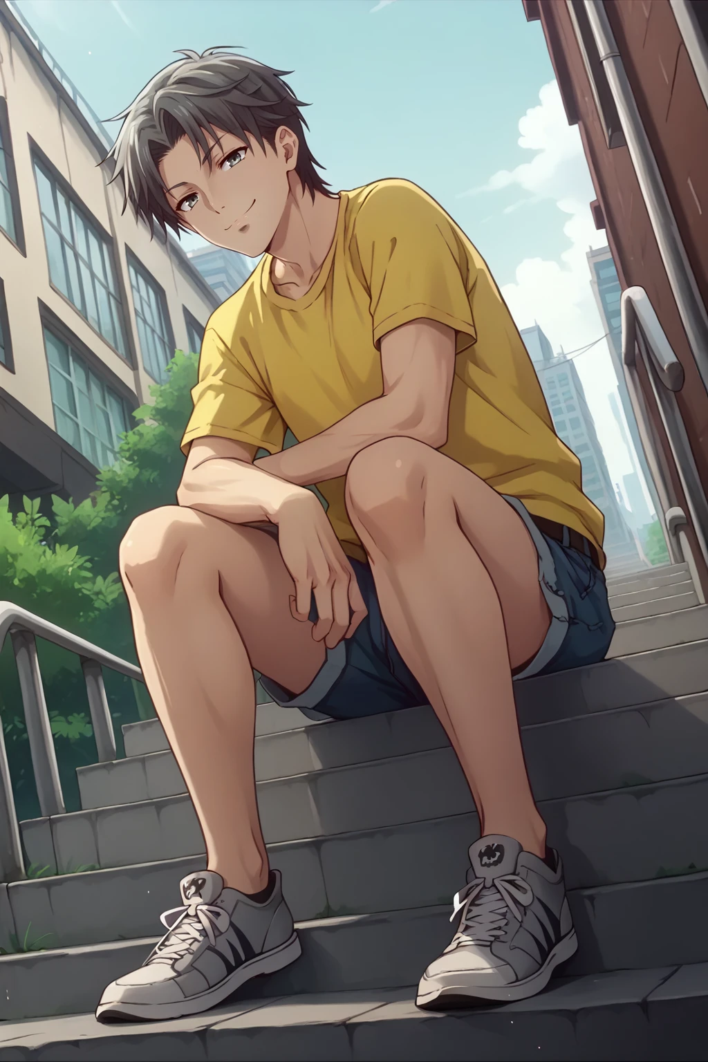 score_9, score_8_up BREAK <lora:NSShigureBasket:1> NSShigureBase, male focus, grey hair, grey eyes, yellow t-shirt, denim shorts, sitting, stairs, outdoors, city, sneakers, dutch angle, full body, from below, looking at the viewer, smug