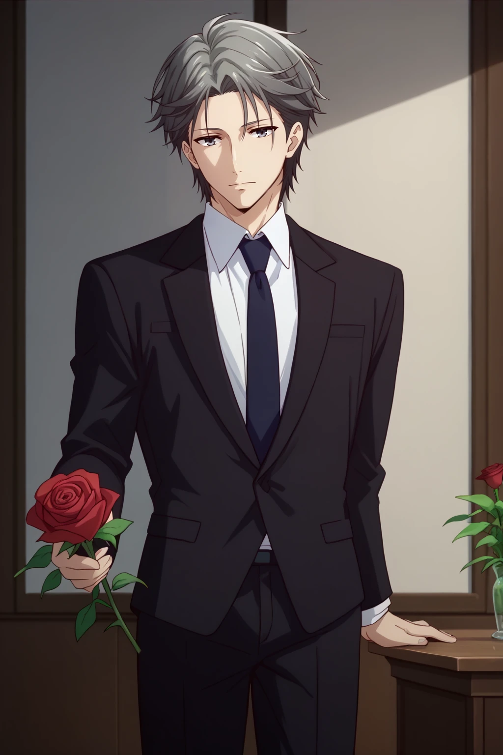 score_9, score_8_up,  <lora:NSShigureBasket:1> NSShigureSmooth, male focus, grey hair, grey eyes, necktie, white collared shirt, formal, suit jacket, cowboy shot, holding rose