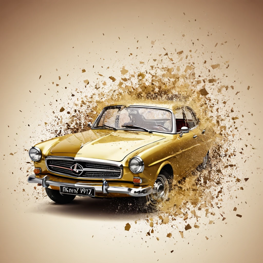 a classic car forgotten in history,shattered disintegration particles