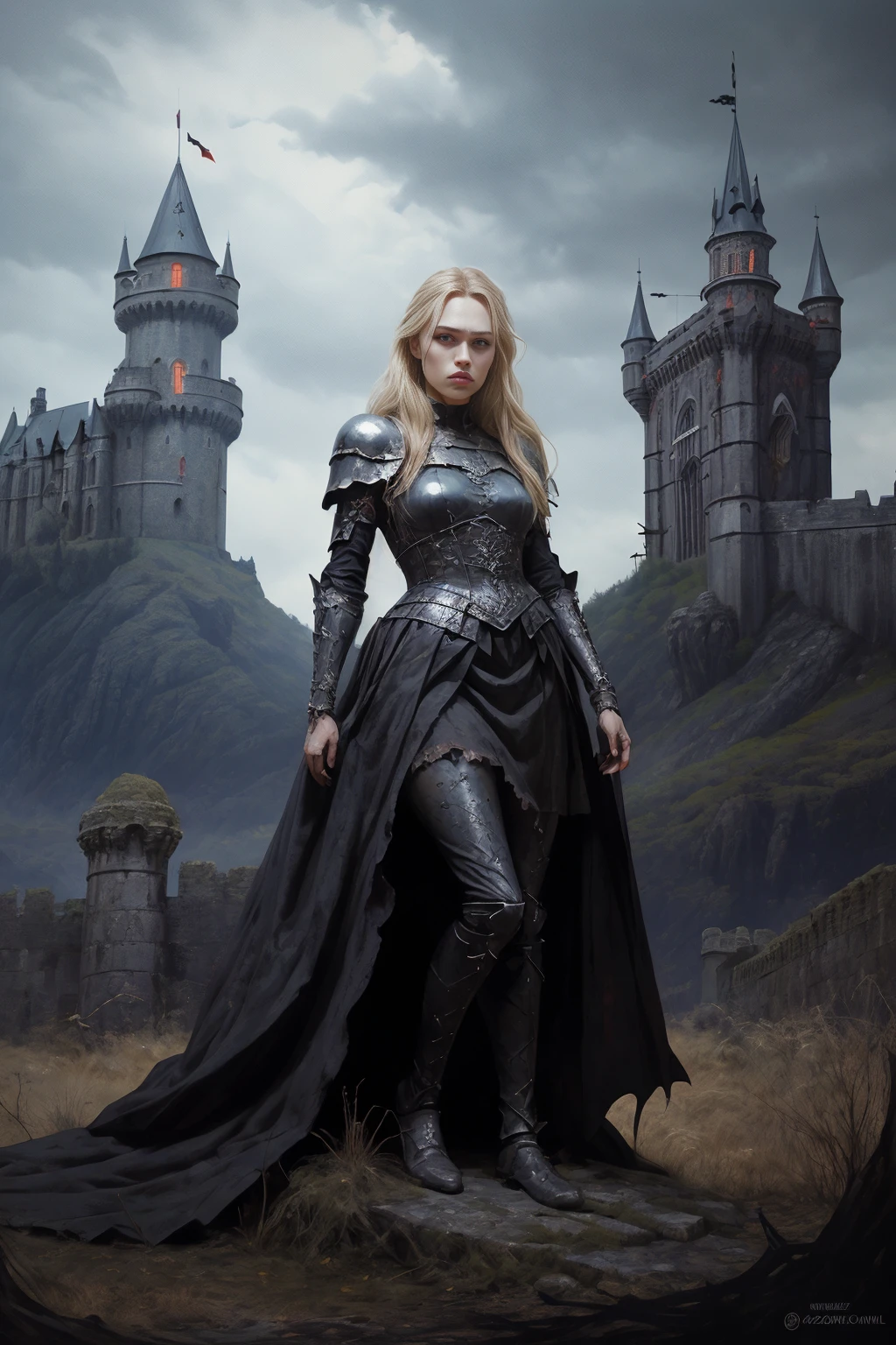 dark, horror theme, grim, foreboding, eerie, gloomy, full body picture of a girl, the most beautiful in the world, warrior queen standing on a castle wall overlooking a kingdom, opt-graciedzienny <lora:opt-graciedzienny:1>, blonde hair, blue eyes, <lora:BearlySD:0.8> oil painting