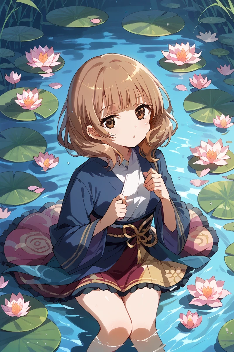 score_9, score_8_up, score_7_up, score_6_up, 1girl,
 <lora:Yuyuko_Tanaka:0.9> yuyuko, solo, lily pad, flower, brown eyes, water, lotus, brown hair, looking at viewer, long sleeves, koi, bangs, shiny hair, pink flower, shiny