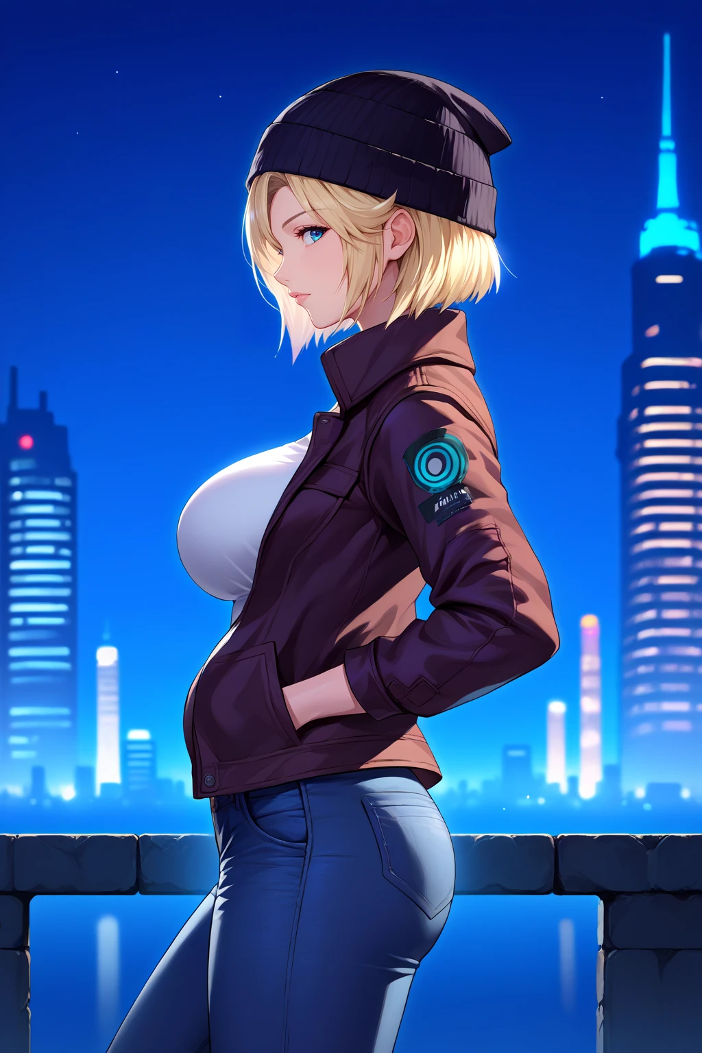 score_9, score_7_up, source_anime, from side, looking at viewer, mlstl, short hair, large breasts, beanie, jacket, jeans, hands in pocket, outdoors, night, cityscape, science fiction, <lora:Hoseki_MuvLuvAlternative_StellaBremer_PDXL_v1:1>