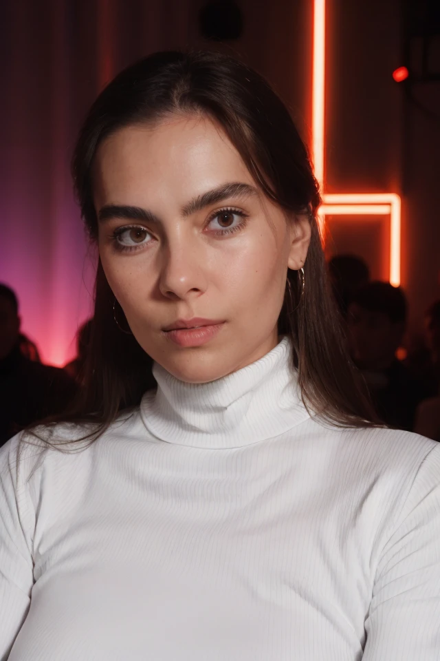 Portrait photo of th3ch3r13 woman, white turtleneck blouse, in a nightclub