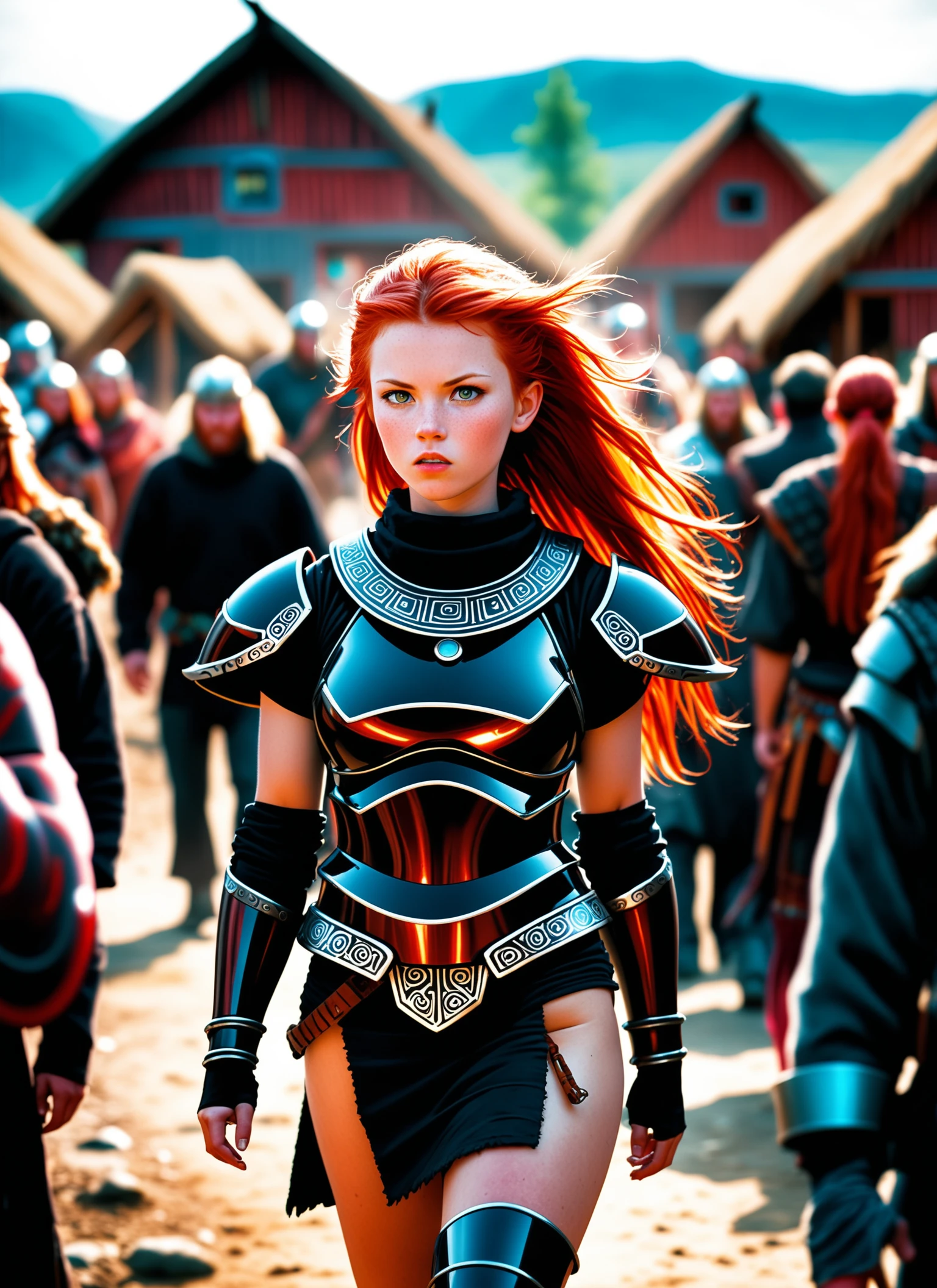 Analog 80's photography, A red haired viking girl wearing a black futuristic armor, walking inside a tribal village with people in the background. The woman looks passionate. The photograph is highly detailed, bokeh