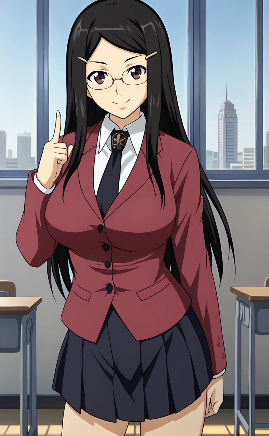 1girl, solo, Nanam1Bund, black hair, long hair, brown eyes, glasses, hairclip, hair ornament, large breasts, necktie, school uniform, white shirt, black skirt, miniskirt, looking at viewer, smile, index finger raised, legs, <lora:Nanami Shinonome - Vampire Bund-000002:0.8>, standing,  classroom, window, cityscape,