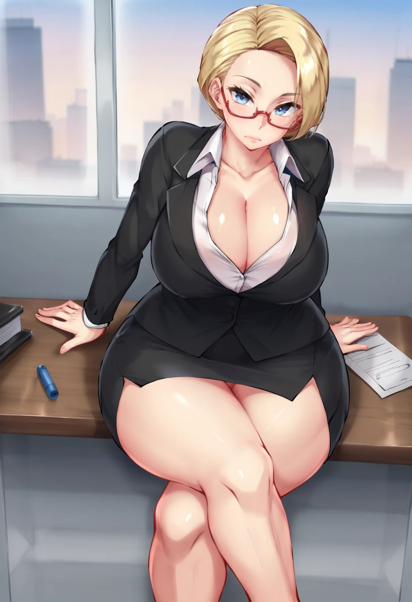 score_9, score_7_up,  1girl, 
solo, huge breasts, wide hips, thick thighs, office lady, office dress, jacket, thighs, closed mouth, hair slicked back, looking at viewer, long sleeves, collared shirt, curvy, crossed legs, blue eyes, skirt suit, black jacket, swept bangs, forehead, suit, glasses, eyebrows, shirt, sitting, on desk, alternate costume, collarbone, blonde hair, red-framed eyewear, skirt, cleavage, formal, breasts, miniskirt, desk
 <lora:kawahagitei-Style-PonyXL-GLoRA+Final-000045:1>