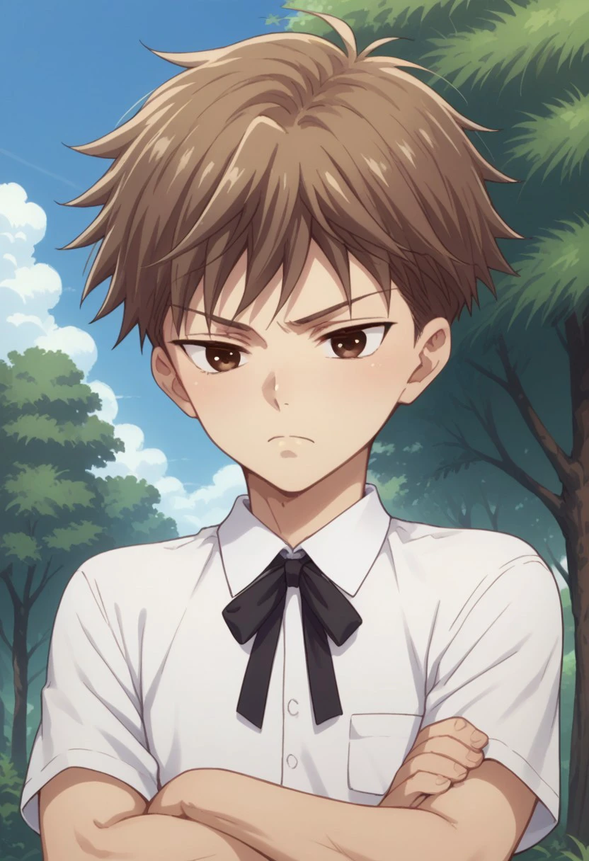 score_9, score_8_up, score_7_up, source_anime, highly detailed, 
hirosohma, 1boy, male focus, solo, brown hair, brown eyes, upper body, crossed arms, shirt, white shirt, ribbon, neck ribbon, black ribbon, frown
outdoor, sky, tree