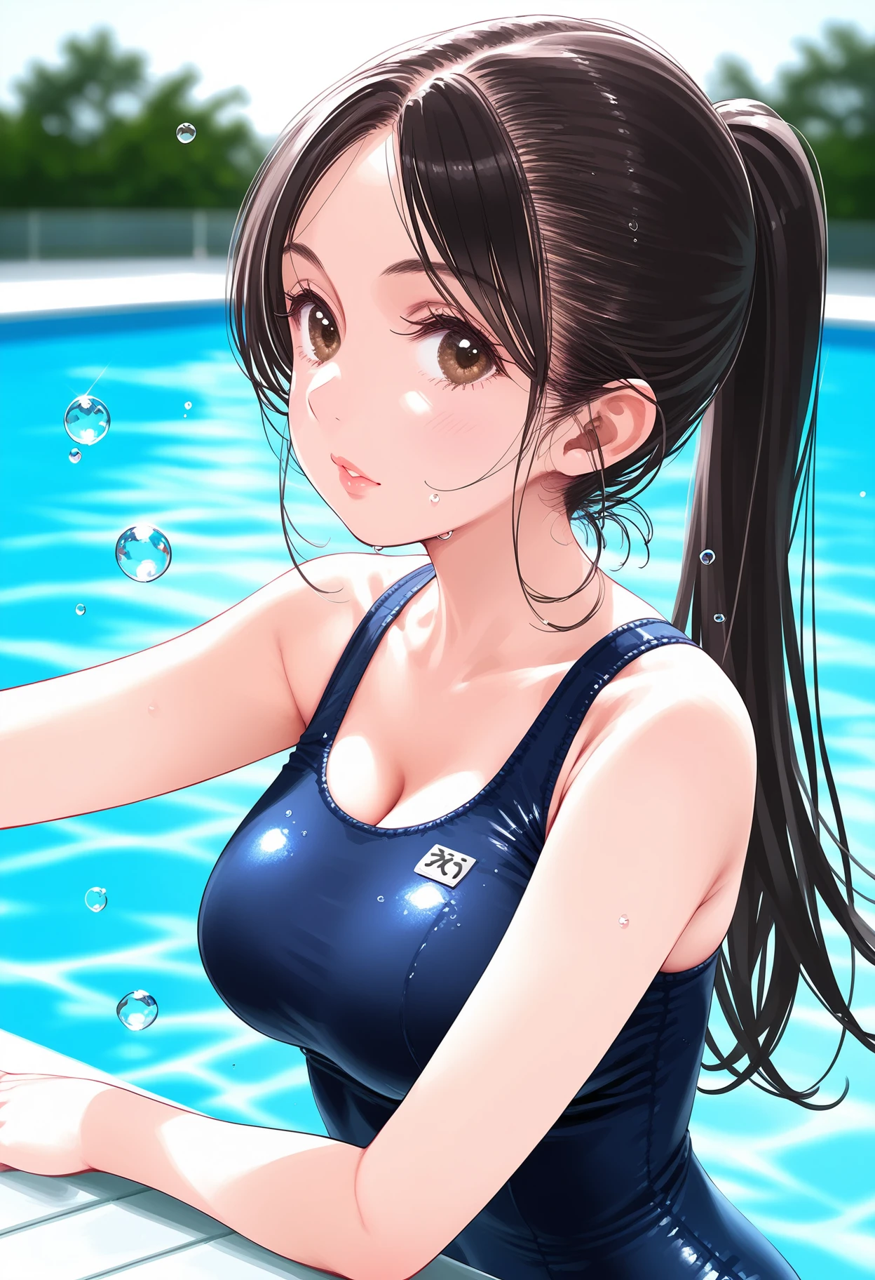 score_9, score_8_up, score_7_up,source_anime,anatomically correct,best perspective BREAK
1girl, ((solo)),<lora:fockewolfstyle:1>fockewolfstyle, upper body, 
mature female, school swimsuit, ponytail, black hair, long hair, brown eyes, 
water drop, water, swimming pool, sitting by pool,