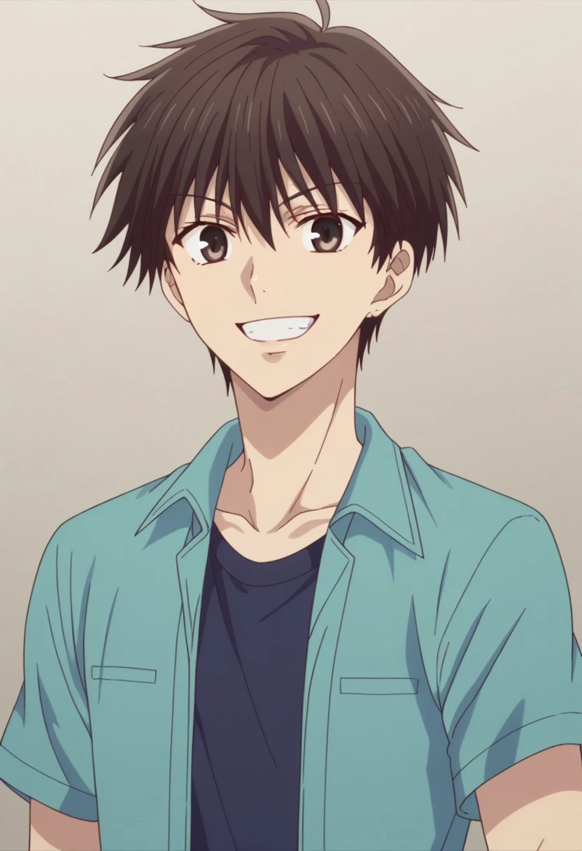 score_9, score_8_up, score_7_up, source_anime, highly detailed, 
kakerumanabe, 1boy, male focus, solo, brown eyes, smile, grin, happy, open mouth,  brown hair, upper body, facing viewer,  :d, green shirt, open shirt, t-shirt, black t-shirt, short sleeves
outdoor,