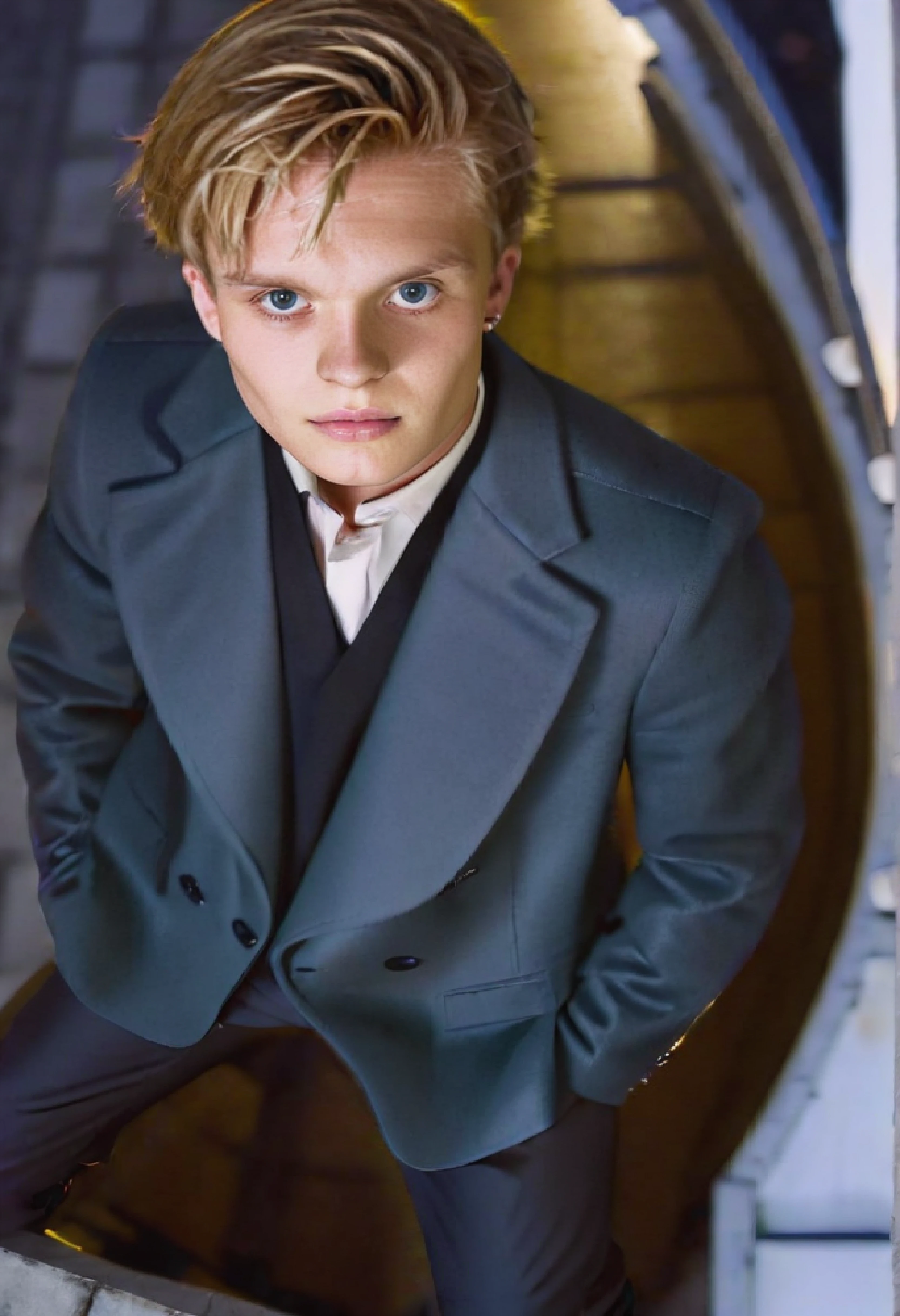 <ckpt:ZavyChroma.safetensors>, <ckpt:Fluently.safetensors>, <lora:TomGlynnCarney.safetensors:1.2>, Photograph of Tom Glynn-Carney standing on a rooftop, TGC, blonde hair, grey eyes, (looking up at the viewer, High Angle, from above), full body, city lights, city at night, Raw photo, Canon EOS R3