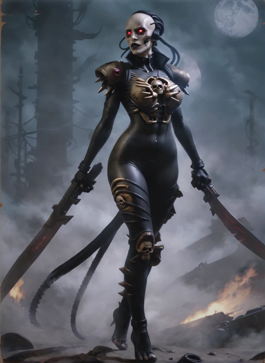 roguetraderstyle full length portrait of a female death cult assassin wearing a skintight bodysuit, holding a long slender blade, heroic proportions, dynamic cinematic angle, grim baroque gothic futuristic 40K <lora:roguetraderstyle:1>