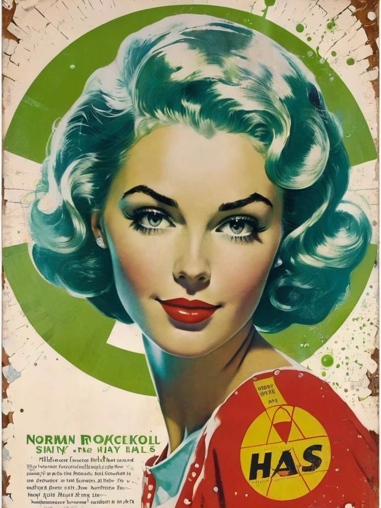 <lora:04Vintageillustration_Hap_XL:1>,Norman Rockwell style poster of a beautiful woman with radioactive shampoo, text "shiny hair", falloutpostsdxl, 1960s \(style\), distressed poster