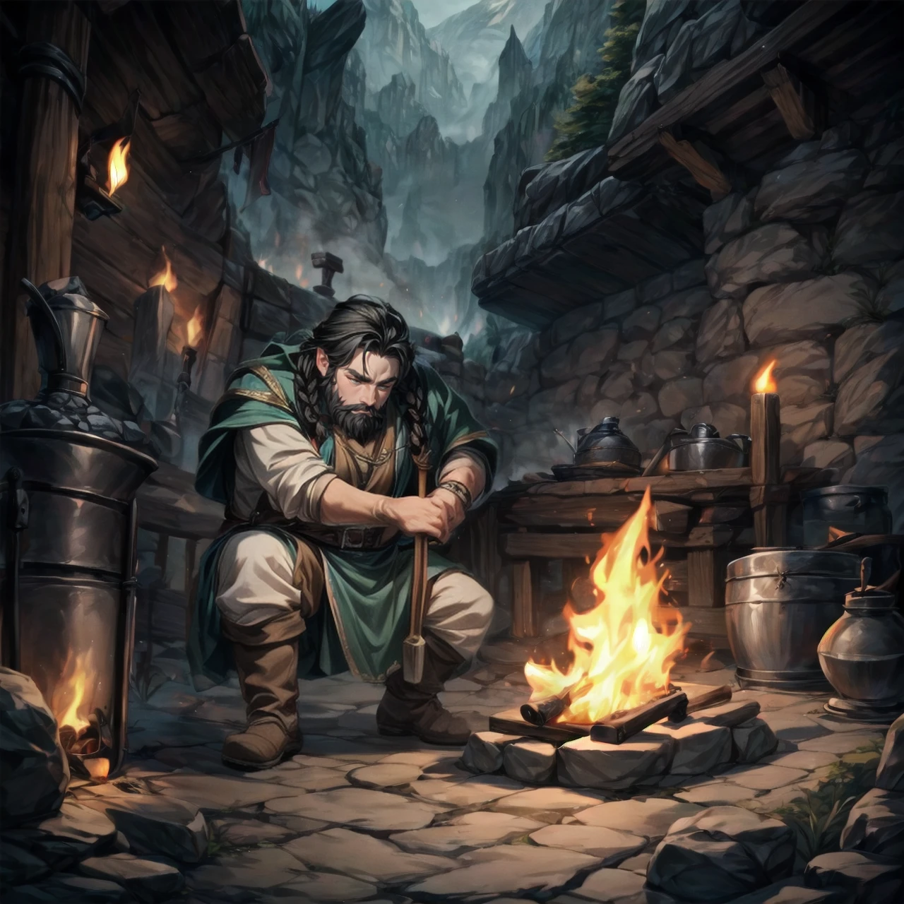 1boy, dwarf, black hair, braids, bald, forge, white-hot metal, smith, coals, fire, anvil, underground, dwarven city, stone, torches, <lora:Dwarves! SD 1.5:0.8>, dwarvenstyle, very detailed, <lora:more_details:0.6>, high quality, highres, masterpiece, best quality, 8k, intricate, detailed, <lora:add_detail:0.6>