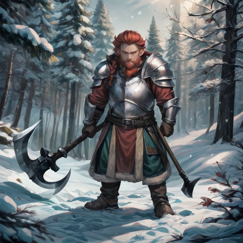 1boy, dwarf, red hair, braids, red beard, axe, armor, winter, snow ice, <lora:Dwarves! SD 1.5:0.8>, dwarvenstyle, very detailed, <lora:more_details:0.6>, high quality, highres, masterpiece, best quality, 8k, intricate, detailed, <lora:add_detail:0.6>