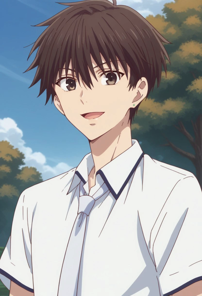 score_9, score_8_up, score_7_up, source_anime, highly detailed, 
kakerumanabe, 1boy, male focus, necktie, solo, shirt, white shirt, upper body, brown eyes,
looking at viewer, collared shirt, smile, blue necktie, hair between eyes,
brown hair, open mouth, school uniform, earrings
outdoor, sky, tree