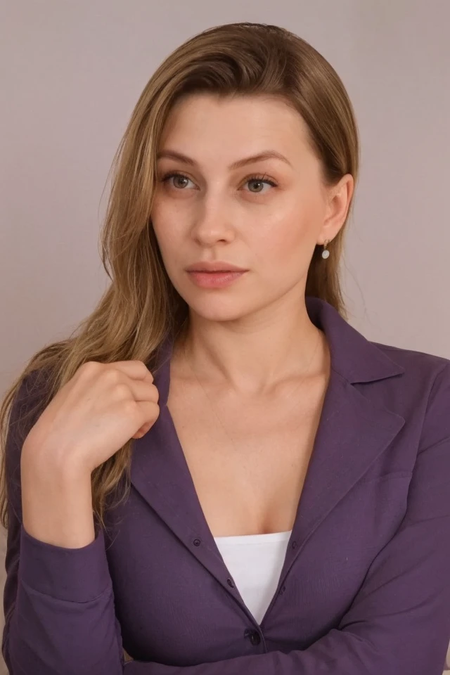 Portrait photo of k3t1b4dg1r1 woman, purple shirt, in a bedroom, slight smile, makeup, ponytail, lipstick, detailed face