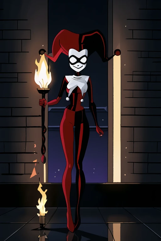 harleyquinn2004, 1girl, solo, jester cap, mask, smile, full body, white eyes, big eyes, bodysuit, red gloves, white gloves, ADDCOMM
(dark:1.4), (interior:1.3), (stone corridor:1.3), (dungeon:1.4), (torches:1.3), (flame:1.2), (floor pattern:1.2),
ADDROW
(facing forward:1.2), (arms crossed:1.2), (confident:1.3), (legs apart:1.2), (high heels:1.2), (dramatic lighting:1.3)<lora:EMS-439345-EMS:0.900000>