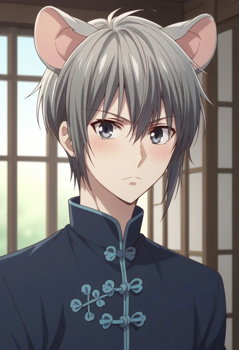 score_9, score_8_up, score_7_up, source_anime, highly detailed, 
yukisohma, 1boy, male focus, solo, upper body, grey hair, grey eyes, 
looking at viewer, standing, chinese clothes, pants, animal ears, mouse ears, frown, blush,
indoor, japanese