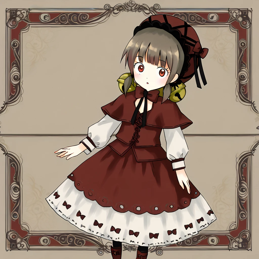 <lora:Laetitia:1> red eyes, bow, bell, dress, hat, brown hair, bonnet