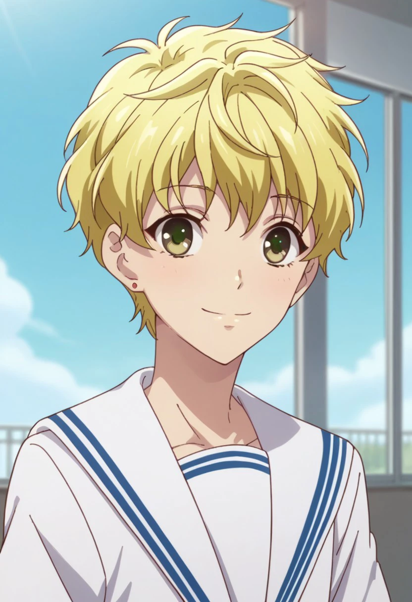 score_9, score_8_up, score_7_up, source_anime, highly detailed, 
momijisohma, solo, blonde hair, male focus, 1boy, upper body, hands on hips, smile,  school uniform, green eyes, sailor collar, earrings
indoor, japanese