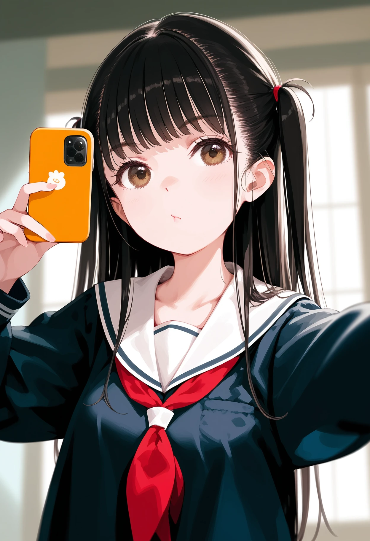 score_9, score_8_up, score_7_up,source_anime,anatomically correct,best perspective BREAK
<lora:fockewolfstyle:1>,fockewolfstyle, 
1girl, school uniform, two side up, black hair, long hair, brown eyes, 
selfie, holding phone, upper body, sleepy,