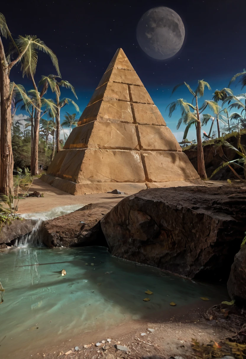 score_9, score_8_up, score_7_up, BREAK, RAW, photo, 8k, very sharp, very detailed, realistic, real, hyper realistic, Photorealistic, real photo,
 trees, sand, rock, plants, distant structures, sky, stars, pond, pyramid, moon, 
<lora:Unreal_Tournament_2004_-_Facing_Worlds_-_Sun_Blade:0.7> facing3worlds,