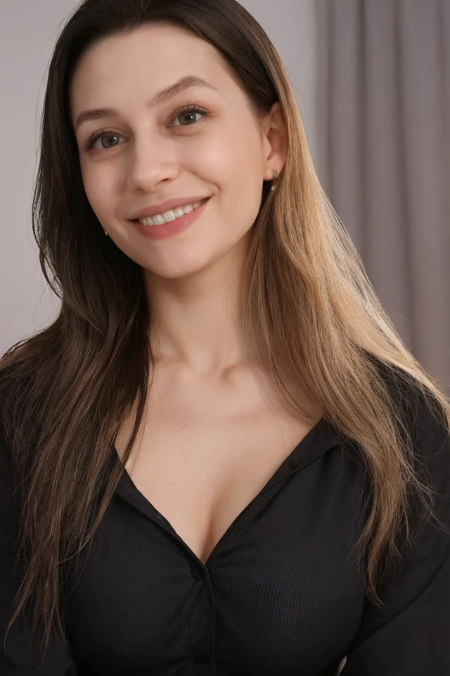 Portrait photo of k3t1b4dg1r1 woman, black blouse, in a bedroom, smile, detailed face