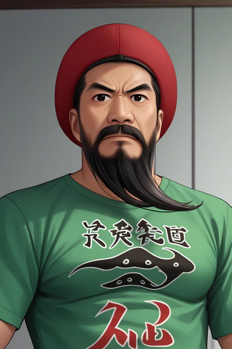 zhangxianzhong, 1boy, male focus, facial hair, solo, beard, mustache, shirt, upper body, black eyes, print shirt, looking at viewer, hat, green shirt, red headwear, closed mouth<lora:EMS-438755-EMS:0.900000>