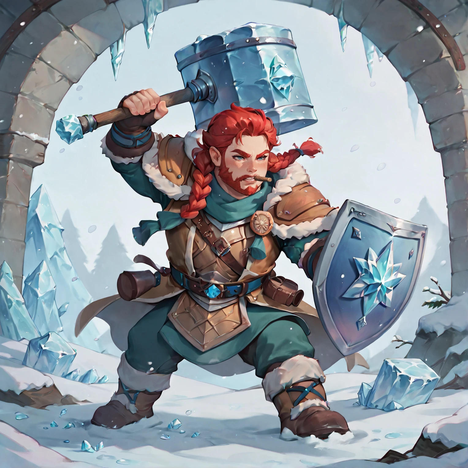 dwarvenstyle, dwarf, <lora:Dwarves_Pony_XL:1>, 1boy, short, stocky, braids, red hair, beard, hammer, shield, winter, snow, ice, BREAK score_9, score_8_up, score_7_up, best quality, masterpiece, 4k, prefect lighting, very aesthetic, anime, zPDXL2