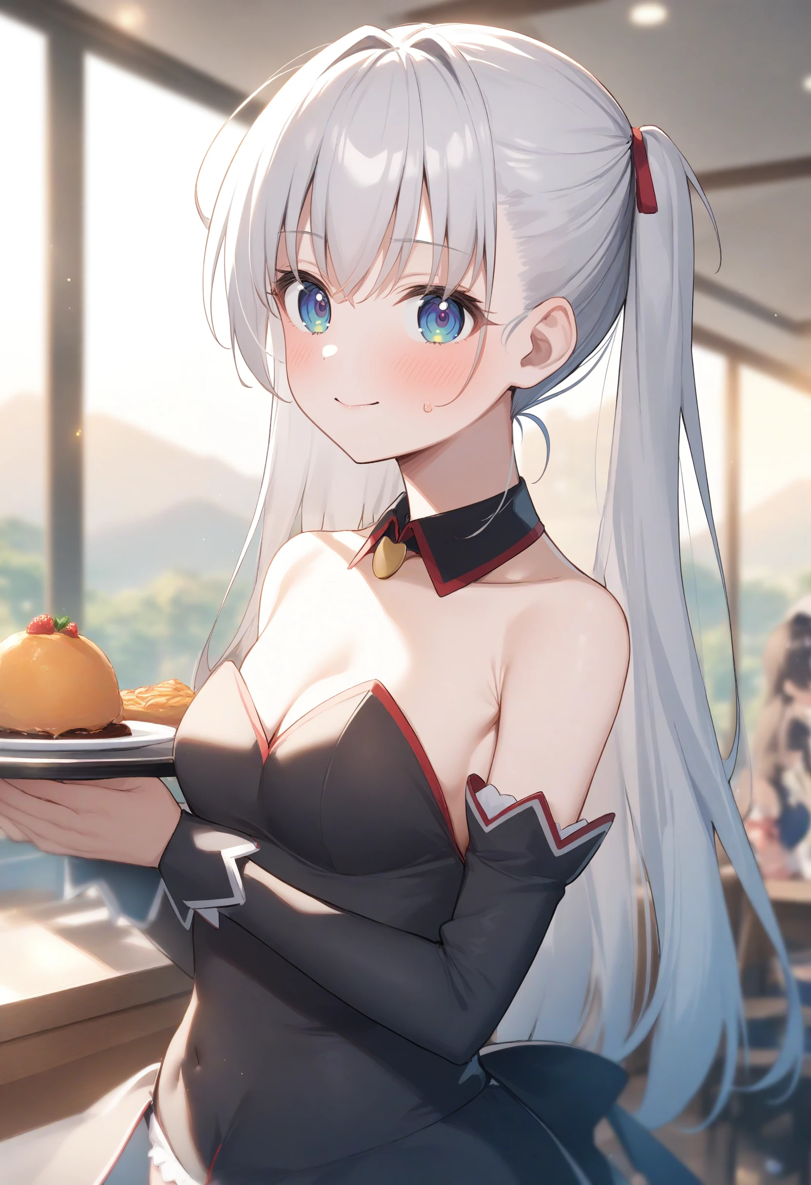 1girl,sincos, ningen mame, toosaka asagi,solo,medium breasts,20yo,
angel mort ,<lora:angelmort_XL_v1:0.8>
detached sleeves,bare shoulders,waitress,detached collar,strapless,leotard,ribbon,collarbone, covered navel,cofe,
from behind, portrait, looking to the side, white hair, green eyes,archaic smile, mountains, closed mouth, one side up hair,,
best quality, very aesthetic, absurdres