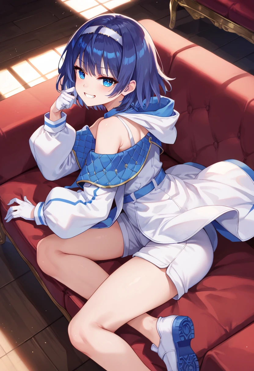nsfw,masterpiece, Highest quality,High resolution, silverwolf, One Girl, One person,Completely naked,tits,Small breasts,Pussy, View your viewers,Front angle,blush,Embarrassed face,Watery eye, Hotel,On the bed, Drill Hair, ponytail, Sunglasses on head,