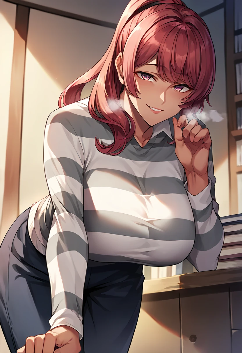 score_9, score_8_up, score_7_up, masterpiece, source_anime, 1girl, ct_m0risaki, red hair, pink eyes, huge breasts, grey striped shirt, long sleeves, dark blue pants, cowboy shot, hand up, looking at viewer, indoors, from below, leaning forward, smile, breath, <lora:MegumiMorisaki_Pony_ct:1>