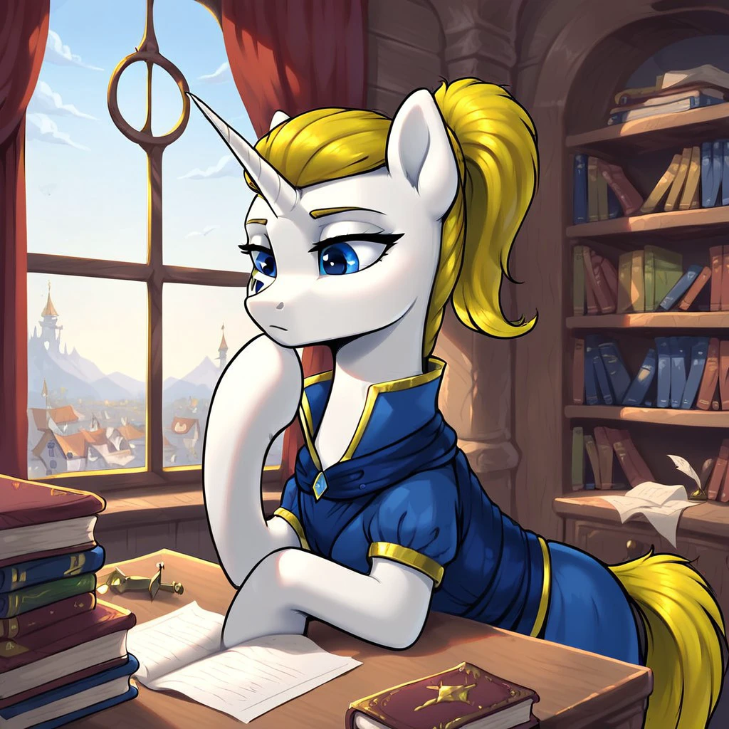 score_9, score_8_up, score_7_up, honoria goldmane, unicorn, pony, feral, female, solo, white skin, horn, yellow mane, ponytail, tail, feral, female, (((beautiful detailed blue eyes))), (black triangles on one cheek), blue clothes, detailed, beautiful, <lora:Honoria_Goldmane:0.8> BREAK
indoors, medieval, office, wooden table, rich decor, sitting, bored, leaning on table, bookshelf, throne, paperwork, stacks of papers, books, lamp on table, inkwell, three quarter view, looking down, (blue eyes:0.5), Expressiveh, detailed background, OverallDetail, zPDXL2