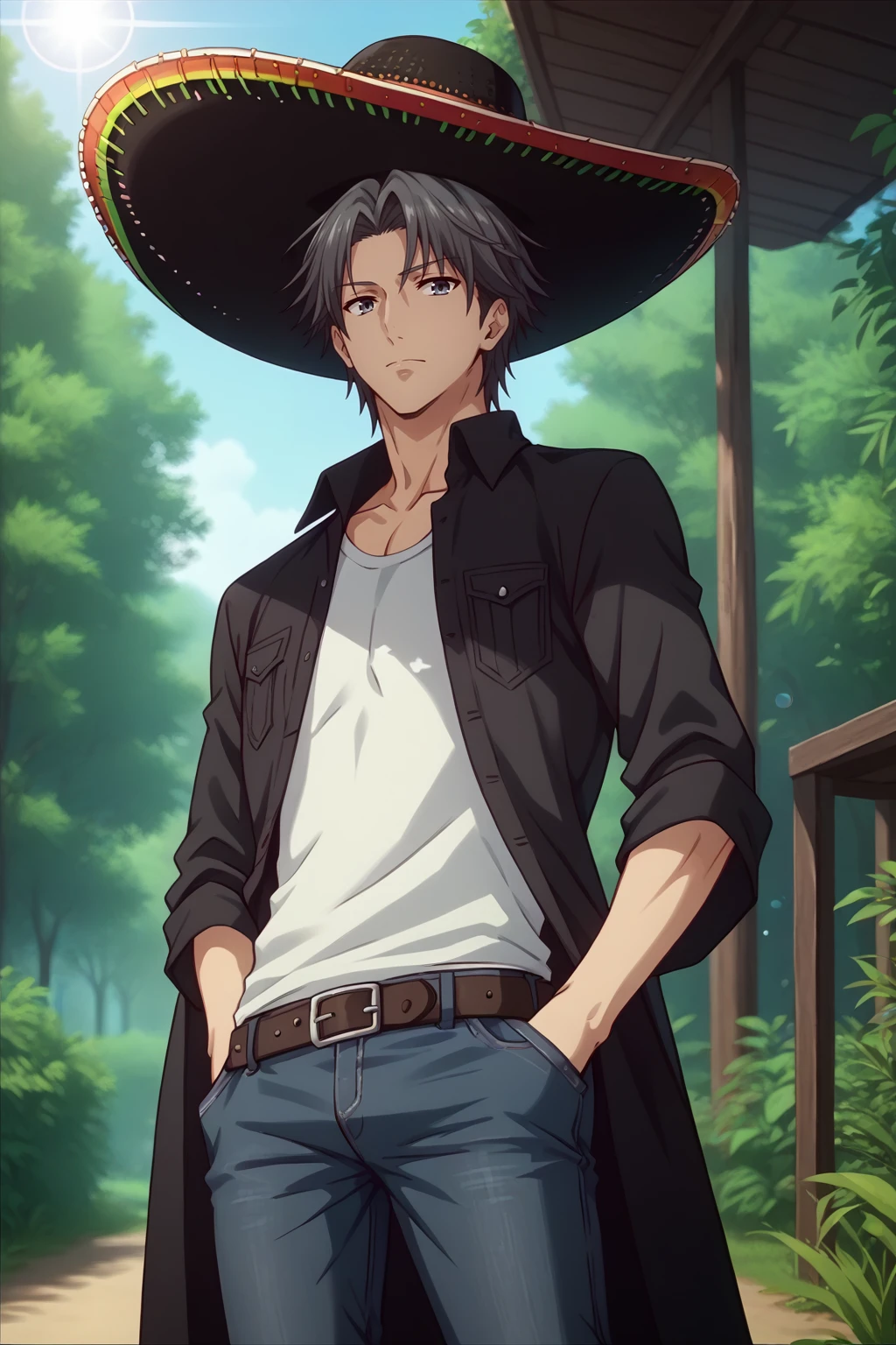 score_9, score_8_up,  <lora:NSShigureBasket:1> NSShigureBase, male focus, grey hair, grey eyes, outdoors, summer, lens flare, sombrero, parka, hands in pockets, jeans, belt