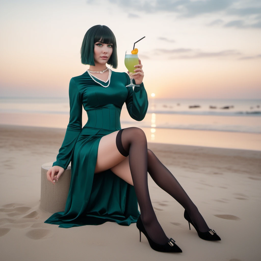 cinematic photo full body portrait 1girl, large breast, green eyes,  dress, necklace, thighhighs, jewelry, short black hair, bangs, having a cocktail on the beach, sunset <lora:Fubuki1024:0.8> . 35mm photograph, film, bokeh, professional, 4k, highly detailed