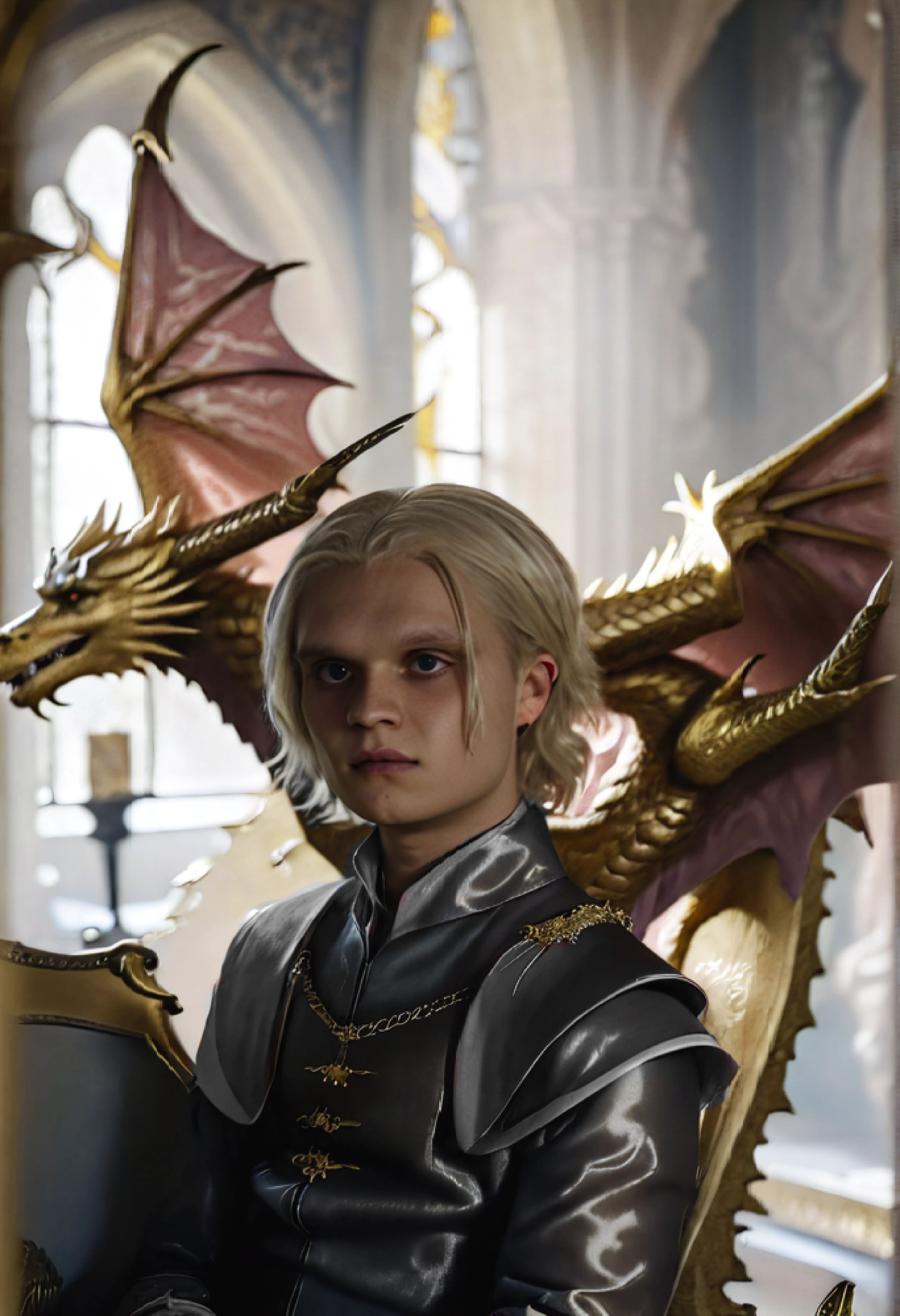 <ckpt:ZavyChroma.safetensors>, <ckpt:Fluently.safetensors>, <lora:TomGlynnCarney.safetensors:1.2>, Photograph of Tom Glynn-Carney, TGC, Aegon II Targaryen, blonde hair, chin length hair, grey eyes, gold dragon with pink wings sitting on his shoulders, bedchamber, sunlight, ornate, indoors, Raw photo, Canon EOS R3