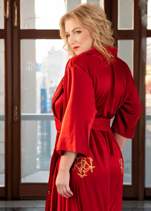 A captivating masterpiece, photo, realistic, a woman, (large red robe with mystic golden runes embroidered), half body, (sideways from behind), looking at the viewer, ass focus, sunlight, background blurred, 8k,<lora:MS_Danni_Jones_V2_32:0.9>