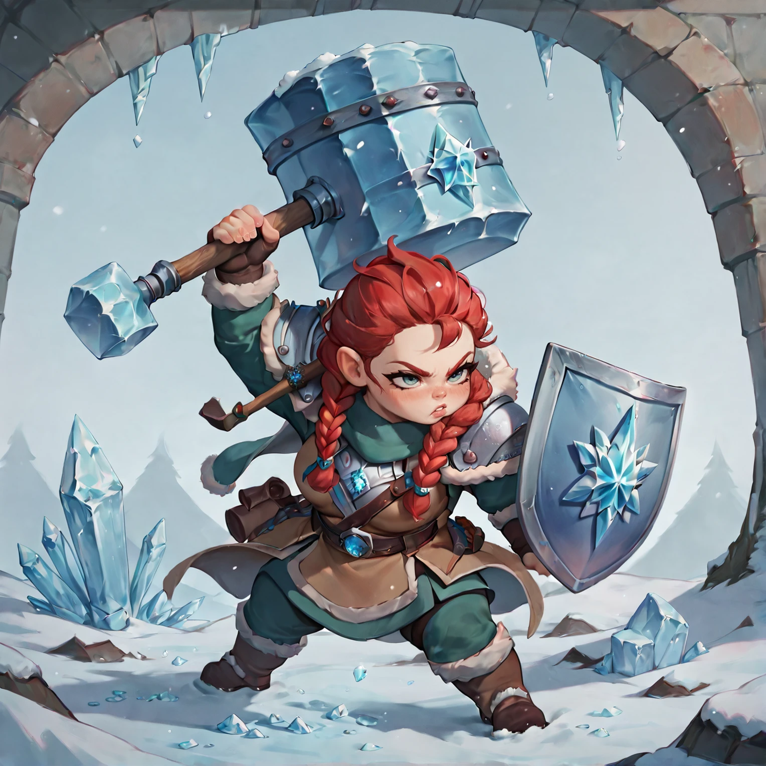 dwarvenstyle, dwarf, <lora:Dwarves_Pony_XL:1>, 1girl, shortstack, stocky, braids, red hair, hammer, shield, winter, snow, ice, BREAK score_9, score_8_up, score_7_up, best quality, masterpiece, 4k, prefect lighting, very aesthetic, anime, zPDXL2