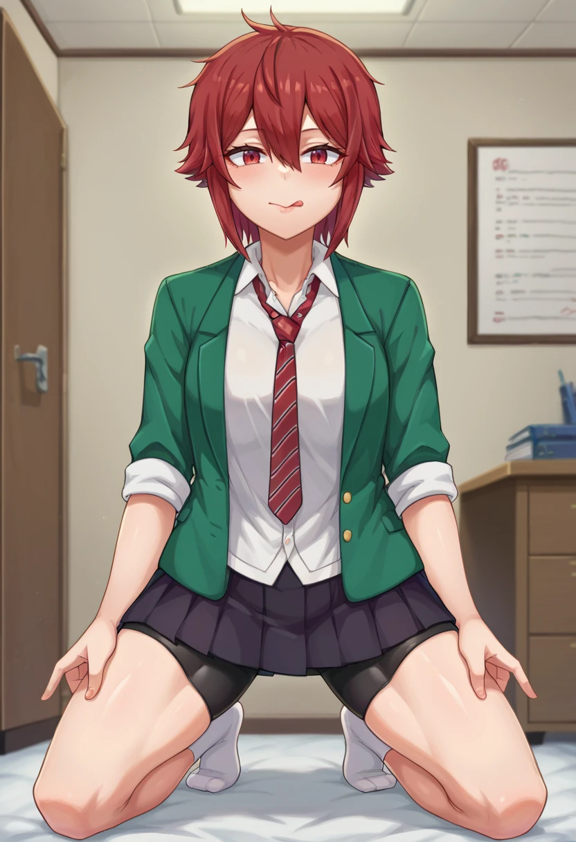 score_9,score_8_up,score_7_up BREAK <lora:aizawatomo:0.9>,aizawatomoSDXL,1girl,solo,short hair,black skirt,red eyes,hair between eyes,school uniform,white shirt,red hair,pleated skirt,open clothes,shorts,open jacket,blazer,red necktie,bike shorts,sleeves rolled up,green jacket,shorts under skirt,striped necktie,cowboy shot,room,room background,kneeling, v, tongue out,