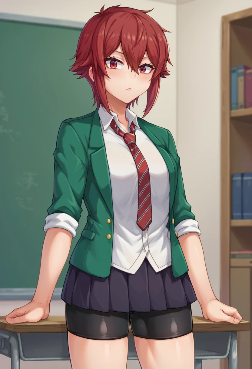 score_9,score_8_up,score_7_up BREAK <lora:aizawatomo:0.9>,aizawatomoSDXL,1girl,solo,short hair,black skirt,red eyes,hair between eyes,school uniform,white shirt,red hair,pleated skirt,open clothes,shorts,open jacket,blazer,red necktie,bike shorts,sleeves rolled up,green jacket,shorts under skirt,striped necktie,cowboy shot,room,room background,