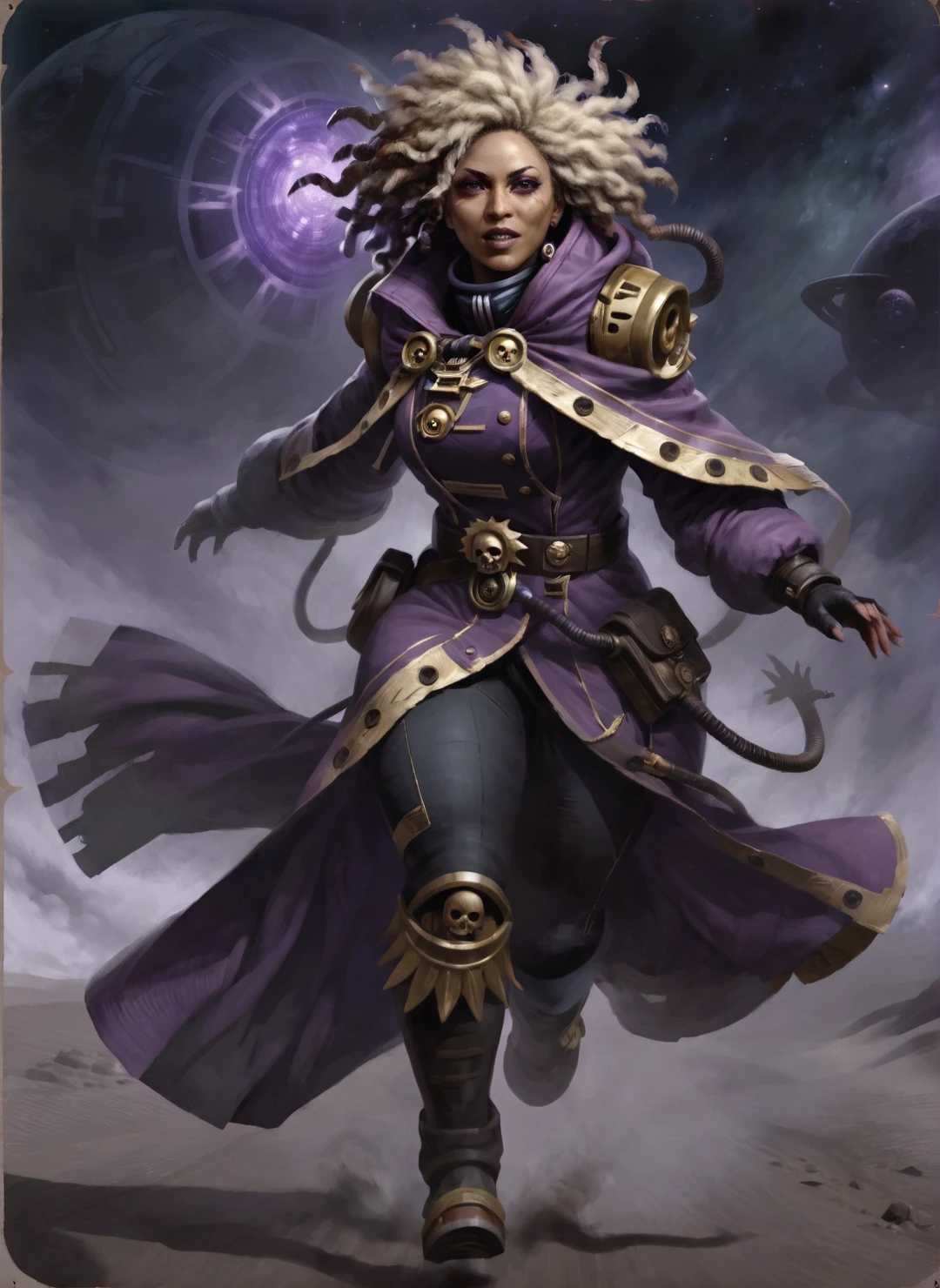 roguetraderstyle full length portrait of a female roguish operative, posed running wearing cloak, sanctioned psyker, powerful psychic mage from a spacefaring voidship, dirty pale skin, curlyhair, heroic proportions, dynamic cinematic angle, grim baroque gothic futuristic 40K <lora:roguetraderstyle:1>