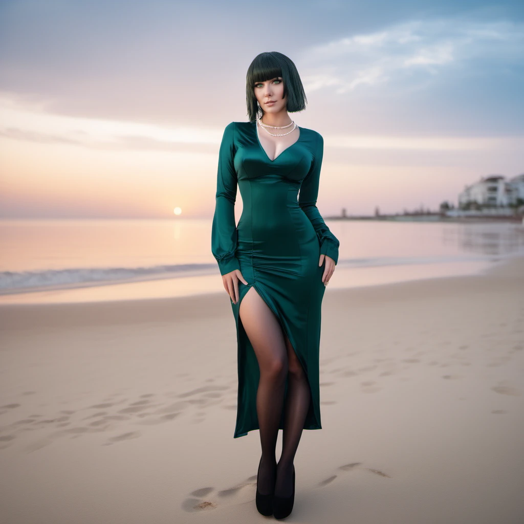 cinematic photo full body portrait 1girl, large breast, green eyes,  dress, necklace, thighhighs, jewelry, short black hair, bangs, having a cocktail on the beach, sunset <lora:Fubuki1024:0.8> . 35mm photograph, film, bokeh, professional, 4k, highly detailed