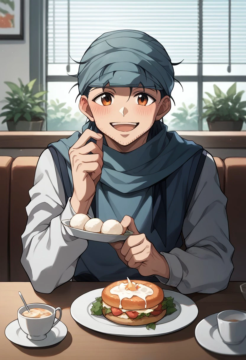 score_9, score_8_up, score_7_up, source_anime, rating_safe, table, hands with five fingers, Ginunter, 1boy, male focus, light blue turban-visor, blushing, open mouth, smile, blushing, sitting, indoor blurry restaurant, food on plates, happy-charming, window blinds, plants, hands with five fingers,