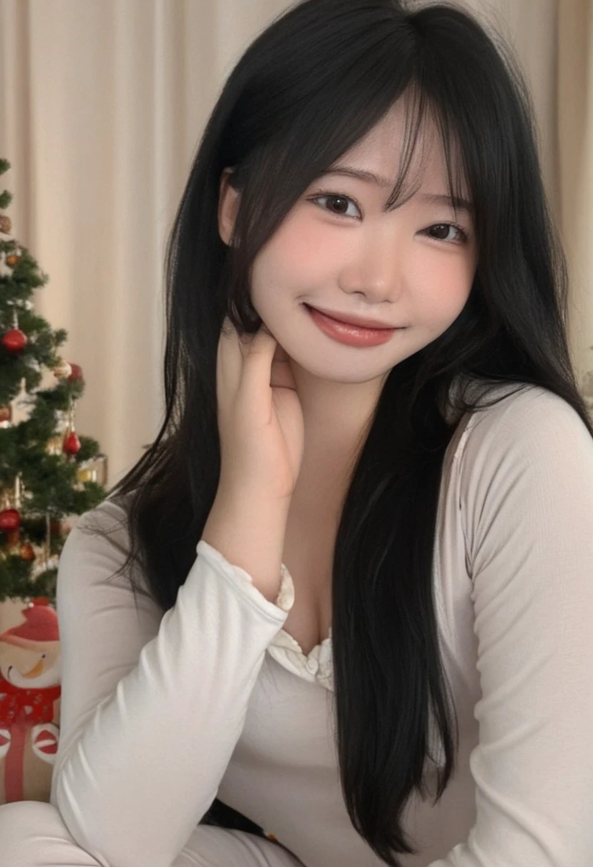 s_uaang \(Person\), @s_uaang, 1 young woman, smile,black hair, closed mouth, brown eyes, waist up, portrait shot, pajamas, long hair, background: indoors, livingroom, christmas tree