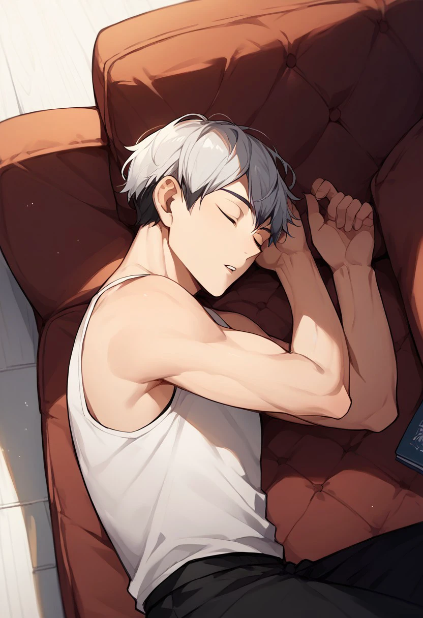 score_9, score_8_up, score_7_up, source_anime, rating_safe, hands with five fingers, Kitaikyu, 1boy, male focus, white tank top, parted lips, lying, on side, couch, sleeping, hair strands,