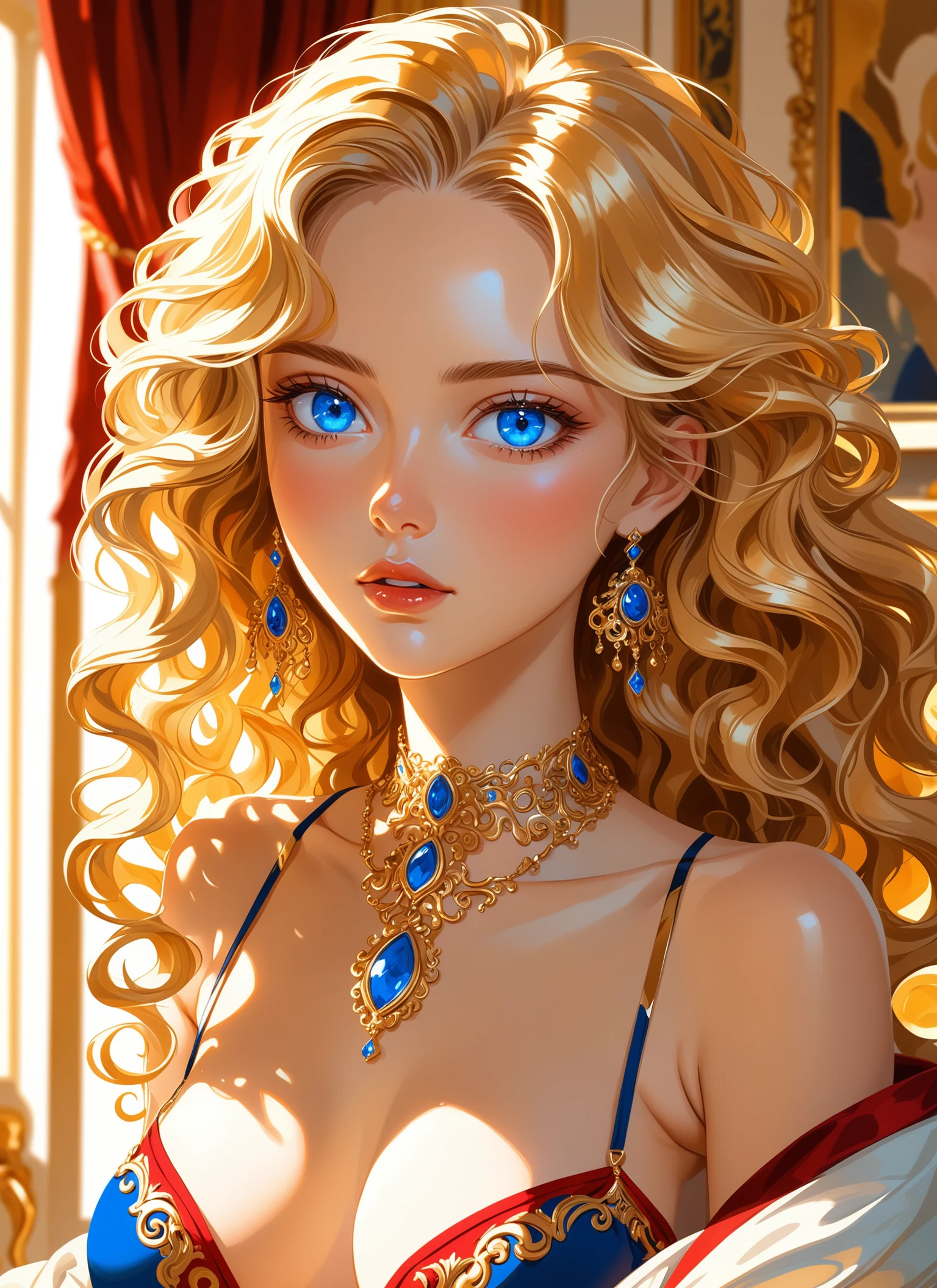 Close-up anime digital painting, (Intricately detailed face of young woman:1.3), Centered composition, Voluminous golden wavy hair, Large expressive blue eyes, (Glamorous outfit:1.2), Adorned with delicate gold jewelry, White and red bikini top, Choker detail, Warmly lit interior, Elegant furnishings, (Luxurious atmosphere:1.2), Soft shadows, Rich colors, (Natural light:1.3), Warm golds and soft whites, Enhanced tones