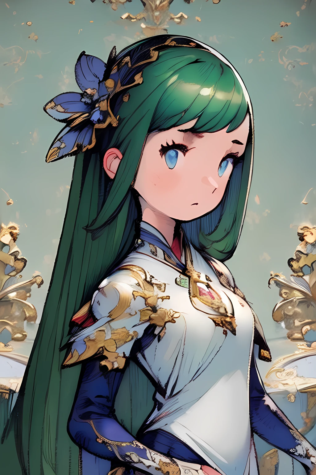 (masterpiece, best quality:1.4), (extremely detailed fine touch:1.2), (extremely detailed eyes), best quality, expressive eyes, perfect face, detailed eyes, 1girl, solo, green hair, blue eyes, white dress, white mage robe, <lora:styles\Akihiko_Yoshida_Chibi_Style_v2.safetensors>