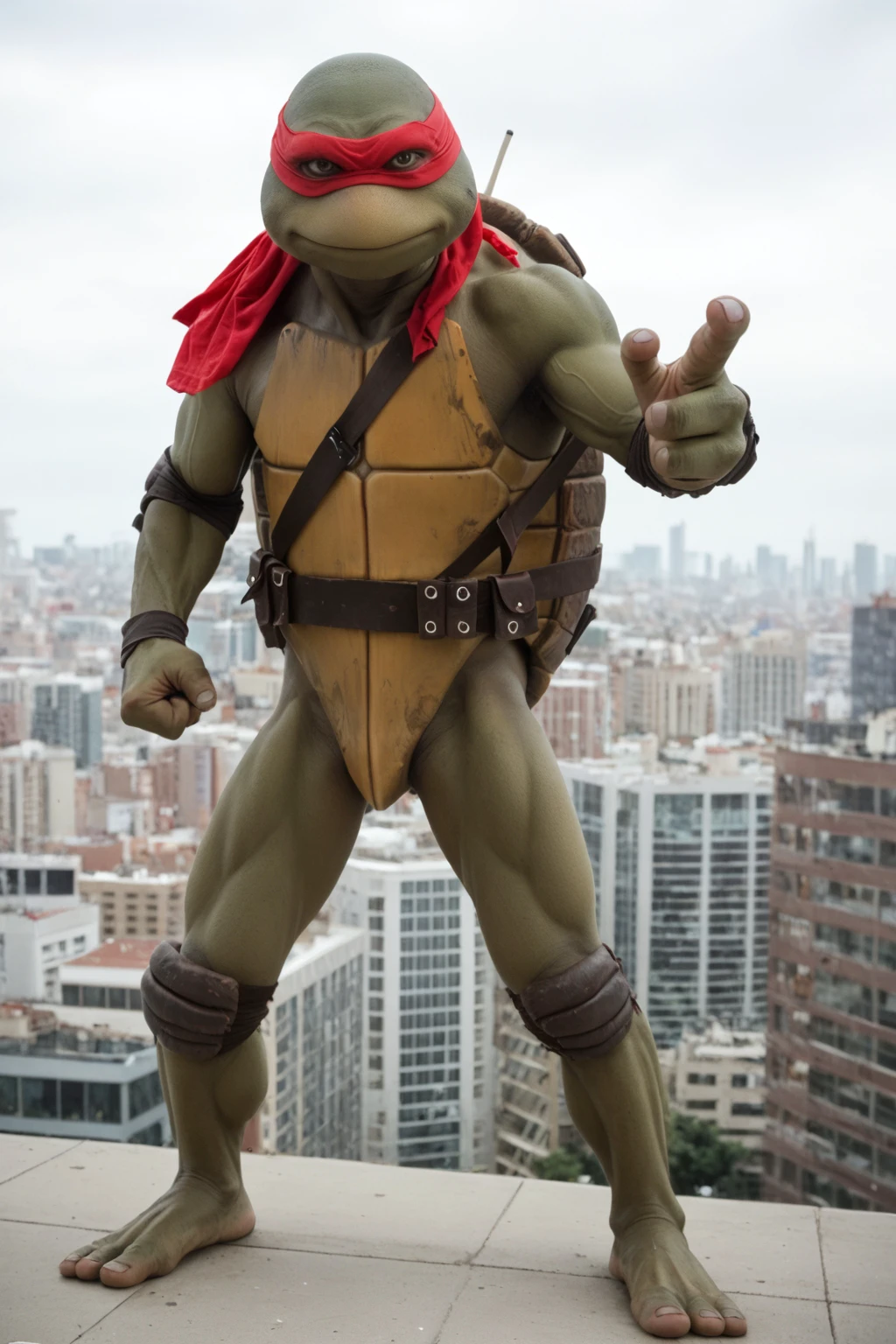 score_9, score_8_up, score_7_up, rating_safe, masterpiece, high quality, ((realistic, source_IRL)), BREAK, full body shot, TMNTRaphael, a teenage mutant ninja turtle, wearing red bandana mask with eye-holes, fight stance, standing on a city rooftop during the day, skyscrapers and rooftops and day sky in the background, <lora:TMNT_AIO_Pony:1>